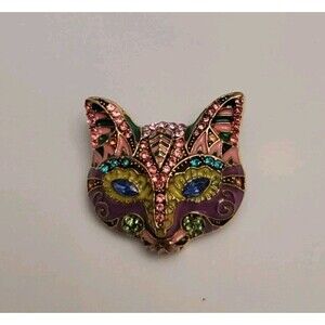 CAT FACE ANIMAL HEAD ENAMELED BROOCH WITH CRYSTALS 1.25"